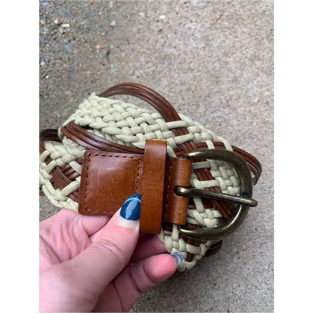 Vintage Braided Boho Tan and Cream Leather Trim Belt